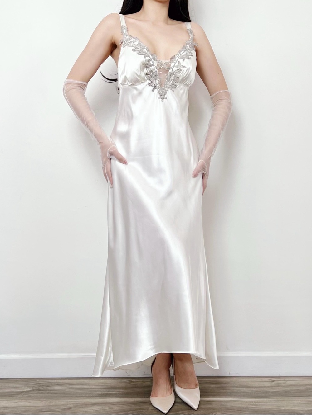 FLORA Ivory Satin Lace-Trim Slip Dress